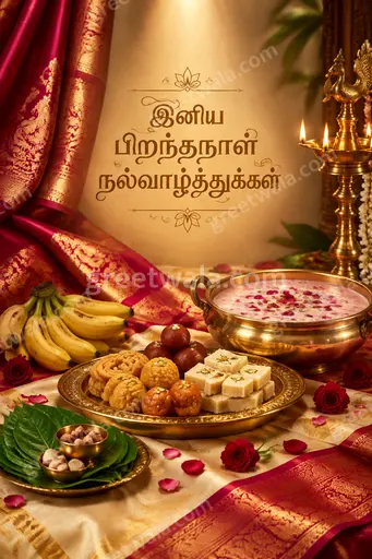 Premium Tamil birthday card displaying 'இனிய பிறந்தநாள் நல்வாழ்த்துக்கள்' with elegant florals, golden glow and joyful festive warmth.