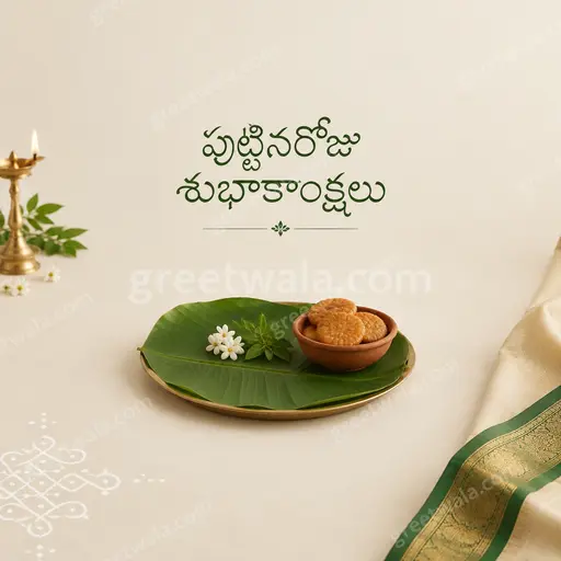 Elegant minimal birthday card with soft pastel tones displaying పుట్టినరోజు శుభాకాంక్షలు in graceful Telugu lettering.