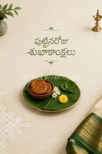 Elegant minimal birthday card with soft pastel tones featuring Telugu text పుట్టినరోజు శుభాకాంక్షలు in graceful festive style.