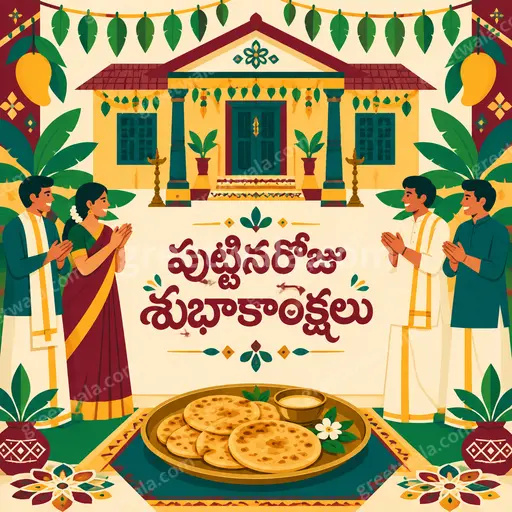 Cheerful flat-vector birthday card with colorful balloons, cake, and Telugu greeting పుట్టినరోజు శుభాకాంక్షలు in festive modern style.