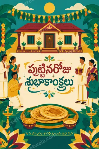 Cheerful modern flat vector birthday card displaying పుట్టినరోజు శుభాకాంక్షలు with balloons, cake, confetti in vibrant festive style.