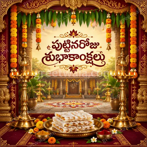 Ornate traditional birthday card displaying పుట్టినరోజు శుభాకాంక్షలు with golden motifs, festive warmth and elegant joyful blessings.