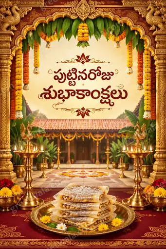 Ornate traditional birthday card displaying 'పుట్టినరోజు శుభాకాంక్షలు' with golden floral borders in warm festive joyful style.