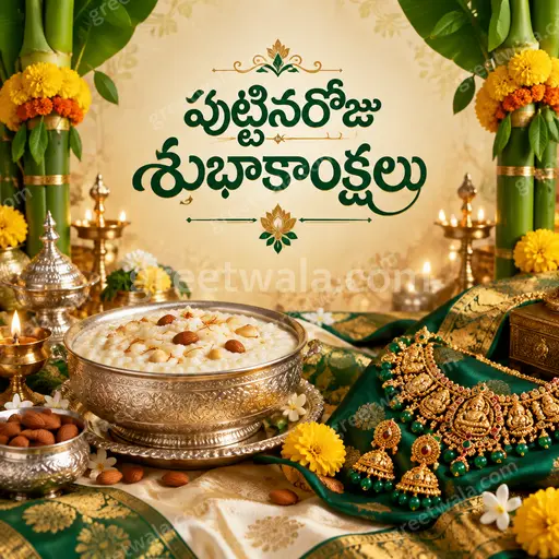 Elegant premium birthday card with golden Telugu text పుట్టినరోజు శుభాకాంక్షలు, festive balloons, warm joyful celebration mood.