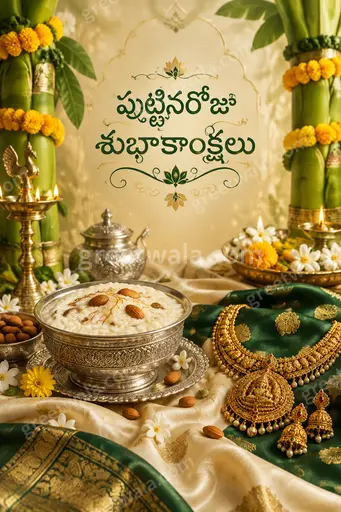 Premium Telugu Happy Birthday card displaying 'పుట్టినరోజు శుభాకాంక్షలు' with elegant festive florals and warm joyful glow.