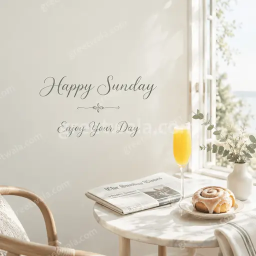 Elegant minimal card displaying Happy Sunday Enjoy Your Day in graceful script amid soft serene morning light.