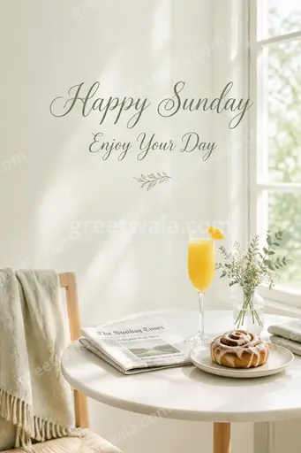 Elegant minimal Happy Sunday card with soft morning light, calm typography reading Happy Sunday Enjoy Your Day in serene style.