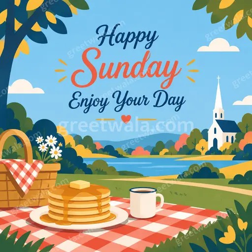 Cheerful modern flat vector card reading Happy Sunday Enjoy Your Day with sunny florals and cozy morning vibes.