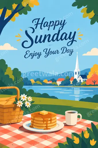 Cheerful flat vector card with bright sunrise, coffee cup, flowers, and text Happy Sunday Enjoy Your Day.