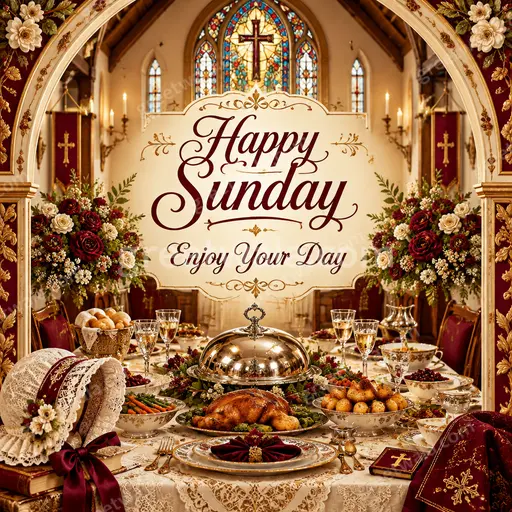 Ornate traditional Happy Sunday card with golden flourishes, warm uplifting mood, displaying Happy Sunday Enjoy Your Day greeting.