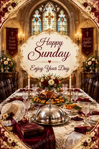 Ornate traditional card displaying 'Happy Sunday Enjoy Your Day' with elegant golden motifs and warm peaceful joy.