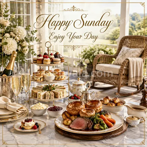 Premium Happy Sunday showcase card displaying Happy Sunday Enjoy Your Day with bright serene cheerful elegant morning charm.
