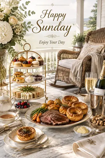 Premium Happy Sunday card with Happy Sunday Enjoy Your Day in elegant gold lettering over serene sunrise florals.