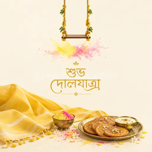 Elegant minimal Bengali Holi card with 'শুভ দোলযাত্রা' in soft pastel colors and gentle festive joy.
