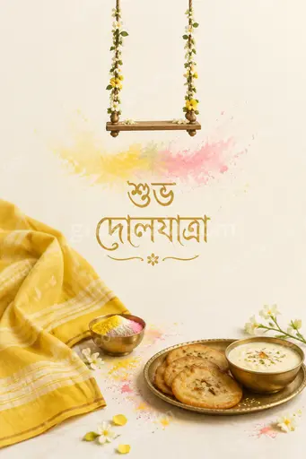 Elegant minimal Bengali Holi card displaying শুভ দোলযাত্রা with soft colors and serene festive joy.