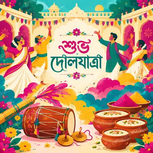 Joyful flat vector Holi card with vibrant color splashes, playful pichkaris, and bold Bengali শুভ দোলযাত্রা greeting.