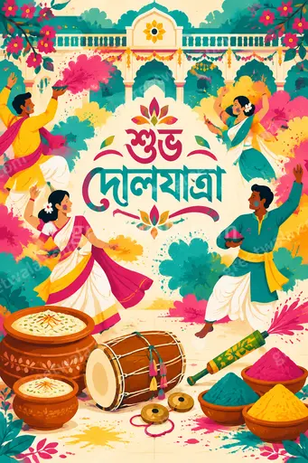 Cheerful flat vector Holi card in vibrant colors showing joyful friends with gulal and Bengali text শুভ দোলযাত্রা.