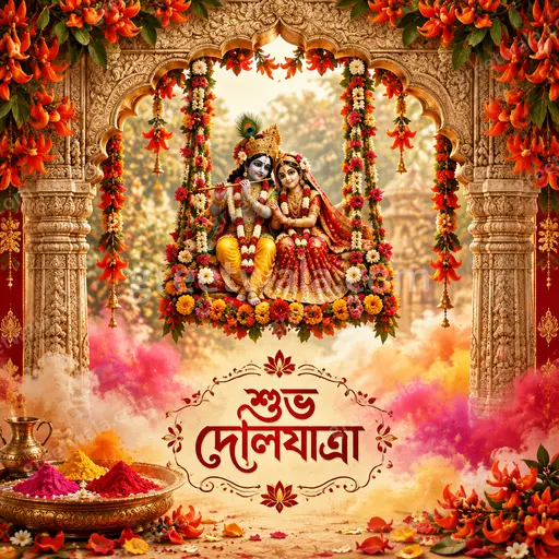 Ornate traditional Bengali Holi card with vibrant colors, festive motifs, and joyful শুভ দোলযাত্রা greeting in elegant script.
