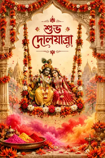 Ornate traditional Bengali Holi card radiating festive joy with vibrant colors, intricate motifs, and heartfelt শুভ দোলযাত্রা greeting.
