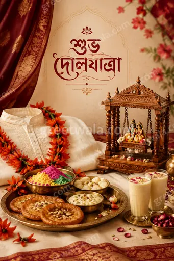 Vibrant premium Holi card glowing with festive colors, joyful energy, and elegant Bengali শুভ দোলযাত্রা typography.