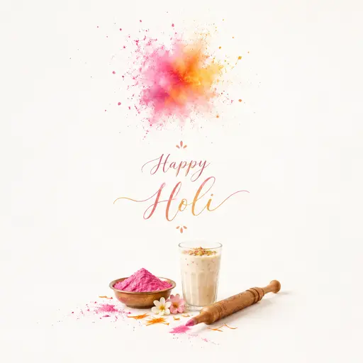 Elegant minimal Holi card with soft pastel colors, delicate powder accents, and joyful Happy Holi greeting in refined style.