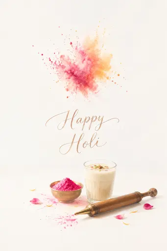 Elegant minimal Happy Holi card with soft pastel colors, delicate powder swirls and calm festive joy.