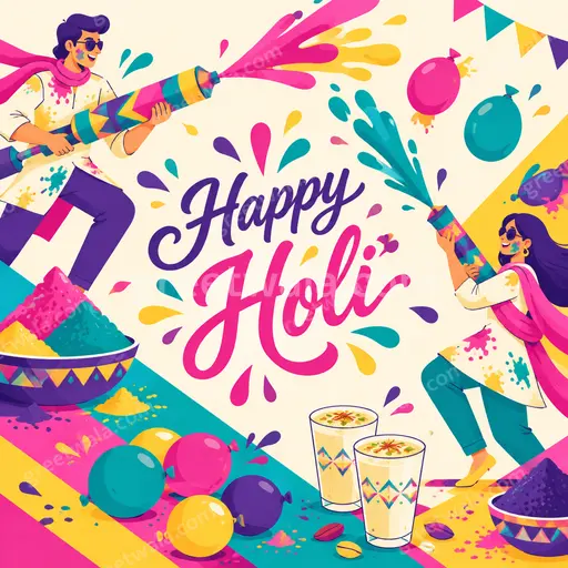 Cheerful modern flat vector Holi card with vibrant color splashes, playful typography reading Happy Holi, joyful festive mood.
