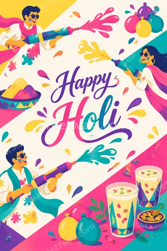 Cheerful flat vector card bursting with colorful powder, playful splashes, and bold Happy Holi lettering.