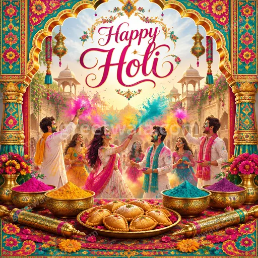 Ornate traditional Holi card bursting with vibrant colors, festive joy, intricate patterns, and cheerful Happy Holi greeting.