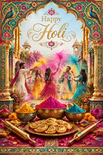 Ornate traditional Holi card with vibrant colors, festive patterns, and joyful Happy Holi greeting in elegant English lettering.