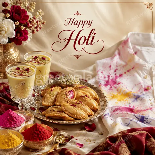 Vibrant premium Holi card bursting with colorful powder, joyful energy, and elegant Happy Holi lettering in festive style.