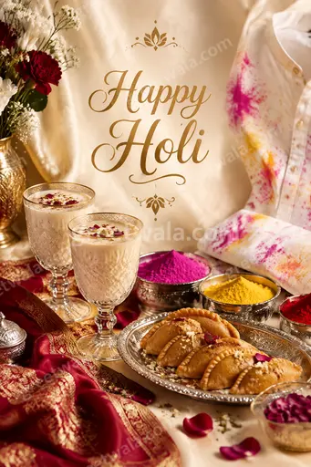 Vibrant premium Holi card bursting with colorful powder clouds, joyful energy, festive elegance, featuring Happy Holi greeting beautifully.