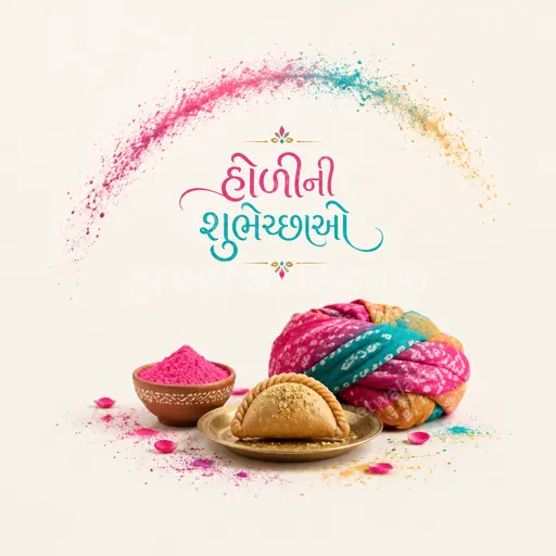 Elegant minimal Holi card featuring soft pastel colors, delicate powder accents, and Gujarati greeting હોળીની શુભેચ્છાઓ beautifully centered.