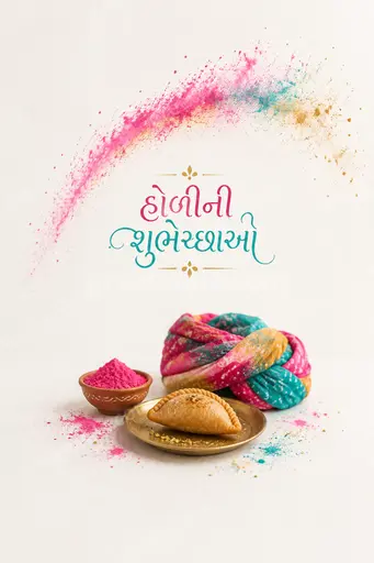 Elegant minimal Gujarati Holi card featuring 'હોળીની શુભેચ્છાઓ' amid soft pastels and gentle color splashes with serene festive charm.