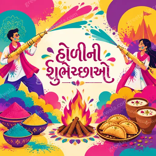 Vibrant flat vector Holi card displaying 'હોળીની શુભેચ્છાઓ' with colorful powder splashes, playful modern festive cheer.