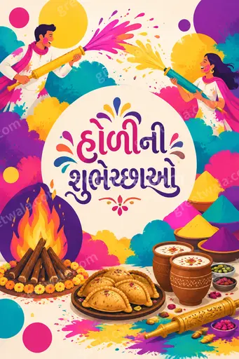 Vibrant flat vector Holi card displaying હોળીની શુભેચ્છાઓ amid colorful powder splashes and joyful festive energy.