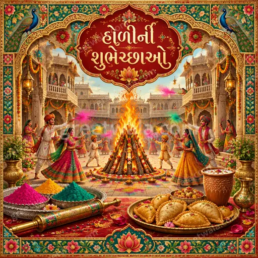 Ornate traditional Holi card in warm festive colors with gulal, pichkaris and elegant Gujarati 'હોળીની શુભેચ્છાઓ' lettering.