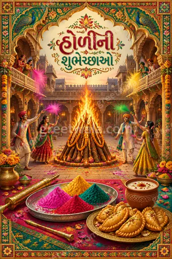Ornate traditional Holi card with vibrant gulal, pichkaris and festive motifs framing “હોળીની શુભેચ્છાઓ” joyfully.