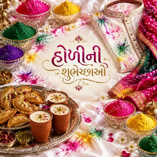 Premium Gujarati Holi card displaying 'હોળીની શુભેચ્છાઓ' with vibrant colors, joyful festive elegance and warm celebratory charm.