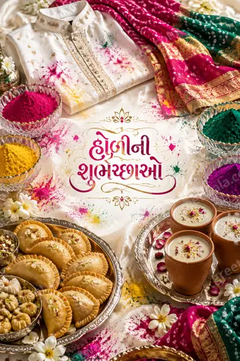 Vibrant premium Holi card radiating joyful colors, festive gulal clouds, and elegant Gujarati 'હોળીની શુભેચ્છાઓ' lettering.
