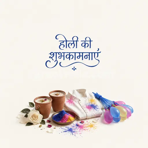 Elegant minimal Holi card with soft pastel colors, delicate gulal accents, and Hindi greeting होली की शुभकामनाएं in graceful typography.
