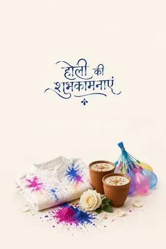 Elegant minimal Holi card in soft pastel hues with delicate color splashes framing the Hindi greeting 'होली की शुभकामनाएं'.