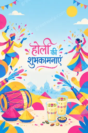 Vibrant flat vector Holi card displaying होली की शुभकामनाएं with colorful gulal, pichkaris, joyful festive energy and modern minimal style.