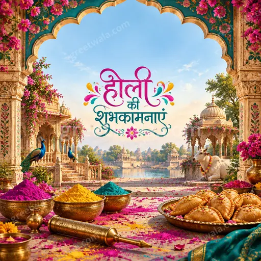 Ornate traditional Holi card radiating festive joy with vibrant colors, intricate patterns, and heartfelt Hindi Holi wishes.
