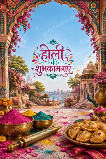 Ornate traditional Holi card with vibrant colors, festive motifs, and Hindi greeting होली की शुभकामनाएं in elegant joyful style.