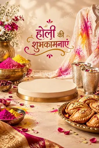 Vibrant premium Holi card displaying होली की शुभकामनाएं with joyful colors, festive gulal splashes and elegant traditional charm.