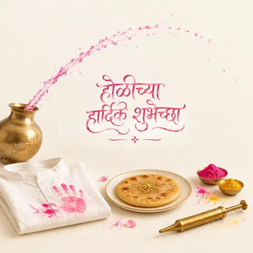 Elegant minimal Holi card with soft pastel colors, delicate gulal splashes, festive joyful mood displaying होळीच्या हार्दिक शुभेच्छा gracefully.