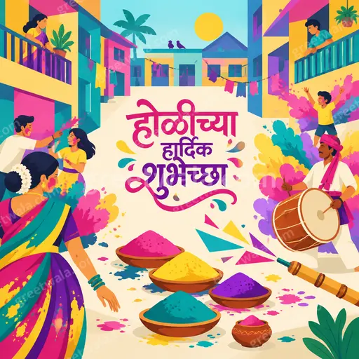Cheerful modern flat vector Holi card bursting with bright gulal colors and joyful festive Marathi greeting.