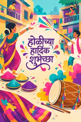 Joyful modern flat vector Holi card with vibrant gulal colors displaying 'होळीच्या हार्दिक शुभेच्छा' in bold festive lettering.