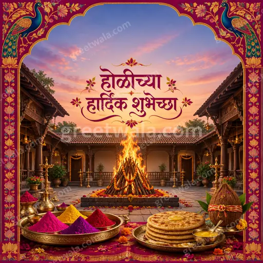 Ornate traditional Holi card displaying होळीच्या हार्दिक शुभेच्छा with vibrant colors, festive gulal, and joyful celebratory warmth.